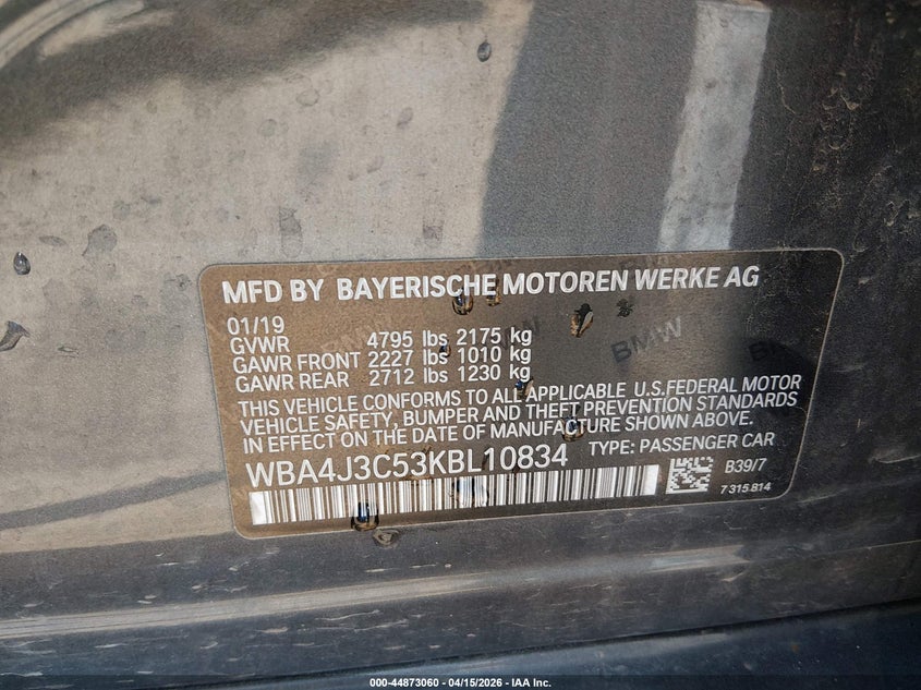 2019 BMW 4er VIN WBA4J3C53KBL10834 IAAI salvage auction — FRONT END, Salvage (West Virginia), sold $6,350 on 2026-07-09 (photo 9)