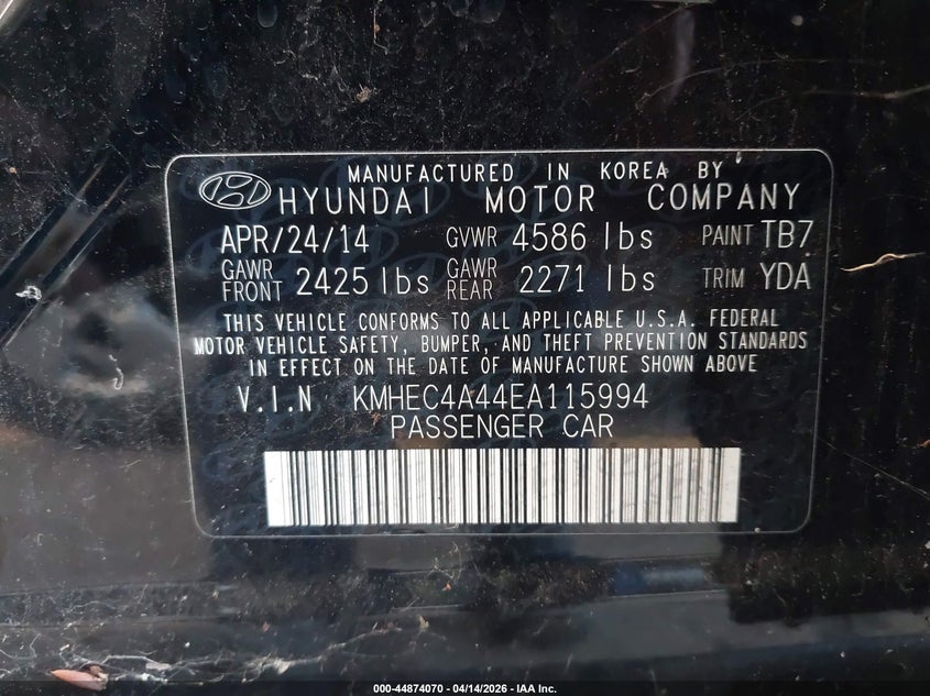 2014 Hyundai Sonata VIN KMHEC4A44EA115994 IAAI salvage auction — RIGHT FRONT, Wait Title, sold $1,800 on 2026-07-22 (photo 9)
