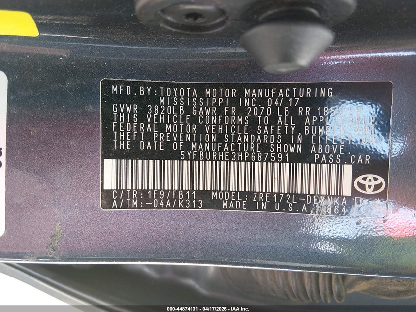 2017 Toyota Corolla VIN 5YFBURHE3HP687591 IAAI salvage auction — FRONT END, Salvage Title, sold $675 on 2026-07-23 (photo 9)