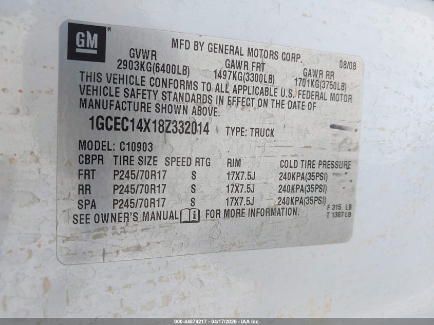 2008 Chevrolet Silverado VIN 1GCEC14X18Z332014 IAAI salvage auction — RIGHT SIDE, Salvage (Arizona), sold $1,725 on 2026-07-09 (photo 9)