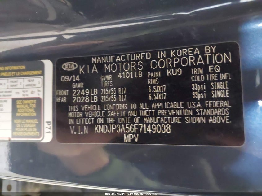 2015 Kia Soul VIN KNDJP3A56F7149038 IAAI salvage auction — LEFT FRONT, Salvage Title, sold $700 on 2026-07-15 (photo 9)