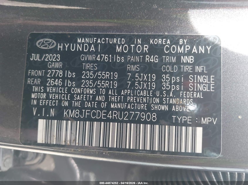 2024 Hyundai Tucson VIN KM8JFCDE4RU277908 IAAI salvage auction — UNKNOWN, Salvage Title, sold $4,575 on 2026-07-15 (photo 9)