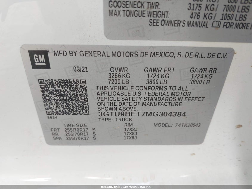 2021 Gmc SIERRA VIN 3GTU9BET7MG304384 IAAI salvage auction — SIDE, Original (Texas), sold $9,500 on 2026-07-06 (photo 9)