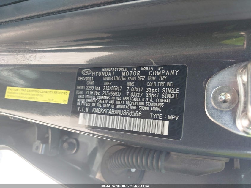 2022 Hyundai Kona VIN KM8K6CAB9NU868566 IAAI salvage auction — FRONT END, Salvage (Kentucky), sold $1,500 on 2026-07-29 (photo 9)