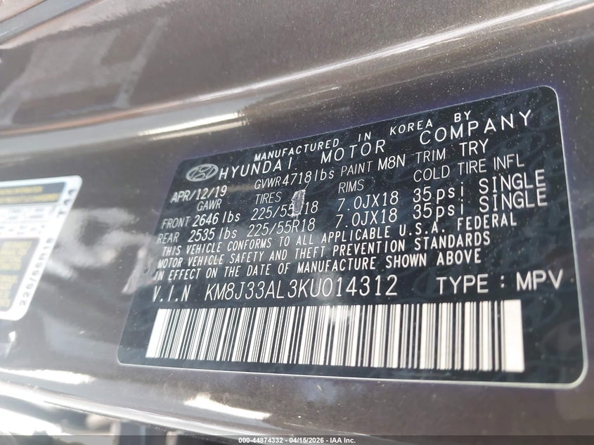 2019 Hyundai Tucson VIN KM8J33AL3KU014312 IAAI salvage auction — LEFT SIDE, Wait Title, sold $7,950 on 2026-07-14 (photo 9)