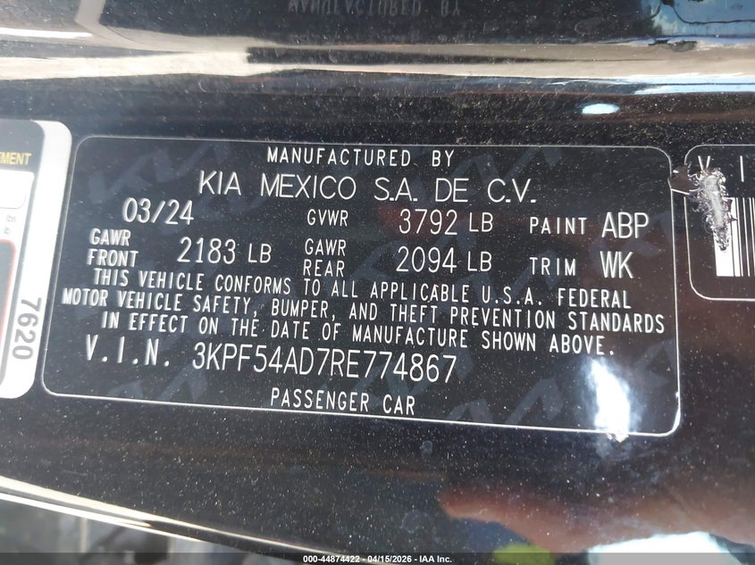 2024 Kia Forte VIN 3KPF54AD7RE774867 IAAI salvage auction — ROLLOVER, Wait Title, sold $1,575 on 2026-08-02 (photo 9)