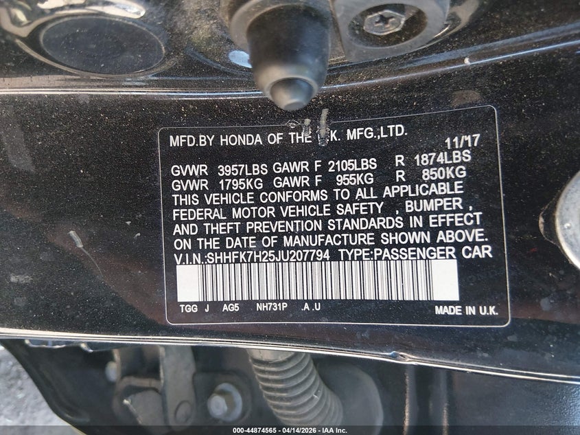 2018 Honda Civic VIN SHHFK7H25JU207794 IAAI salvage auction — BIO HAZARD, Non-Repairable (Arizona), sold $2,350 on 2026-07-09 (photo 9)