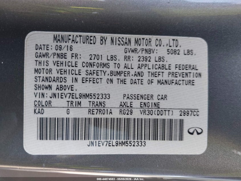 2017 Infiniti Q60 VIN JN1EV7EL9HM552333 IAAI salvage auction — THEFT, Salvage - Greater Than 75% (Maryland), sold $6,350 on 2026-07-24 (photo 9)