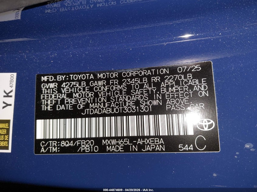 2026 Toyota Prius VIN JTDADABU0T3031301 IAAI salvage auction — FRONT & REAR, Salvage (Oregon), sold $10,650 on 2026-07-09 (photo 9)