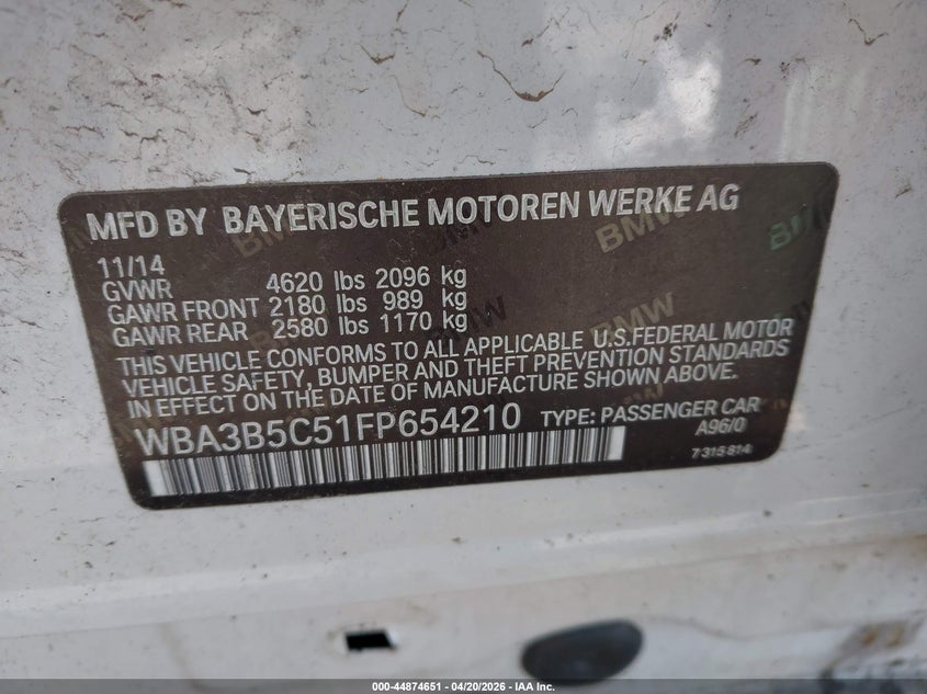 2015 BMW 3er VIN WBA3B5C51FP654210 IAAI salvage auction — FRONT END, Salvage (Illinois), sold $450 on 2026-08-05 (photo 9)