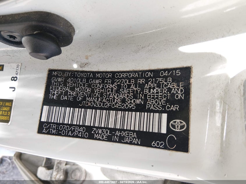 2015 Toyota Prius VIN JTDKN3DU2F0452095 IAAI salvage auction — FRONT END, Wait Title, sold $2,175 on 2026-07-06 (photo 9)