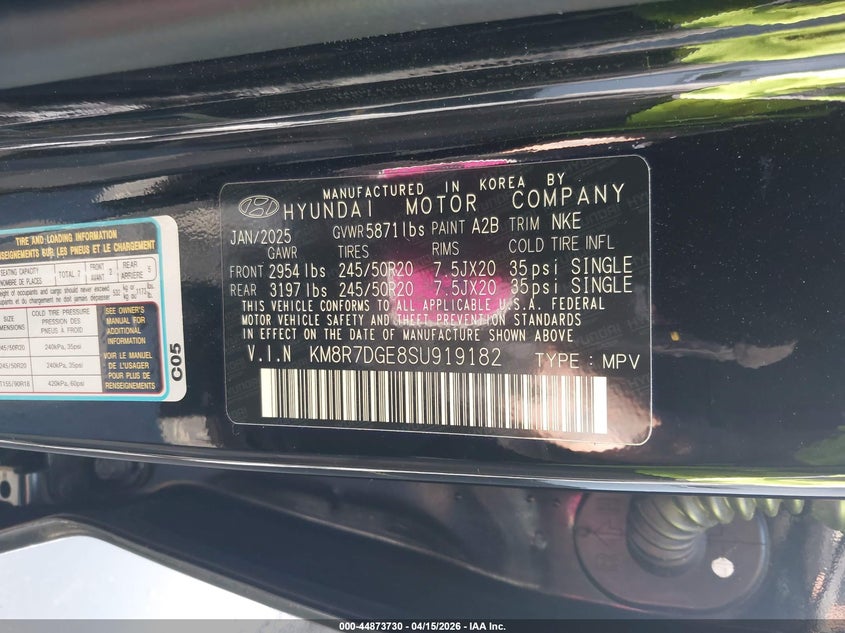 2025 Hyundai Palisade VIN KM8R7DGE8SU919182 IAAI salvage auction — UNKNOWN, Wait Title, sold $350 on 2026-07-30 (photo 9)