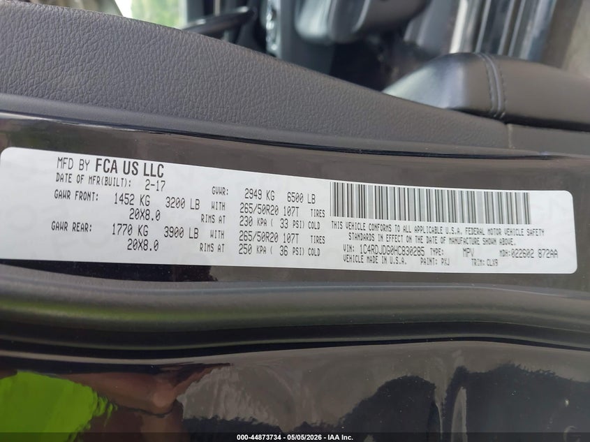 2017 Dodge Durango VIN 1C4RDJDG0HC830285 IAAI salvage auction — SIDE, Salvage (Pennsylvania), sold $3,750 on 2026-07-18 (photo 9)