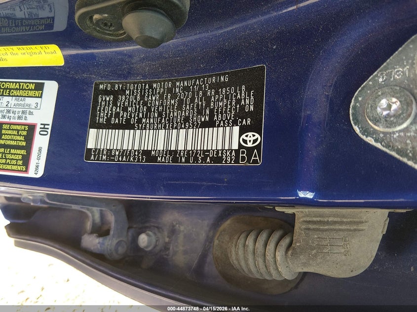2014 Toyota Corolla VIN 5YFBURHEXEP049527 IAAI salvage auction — FRONT END, Wait Title, sold $3,400 on 2026-07-22 (photo 9)