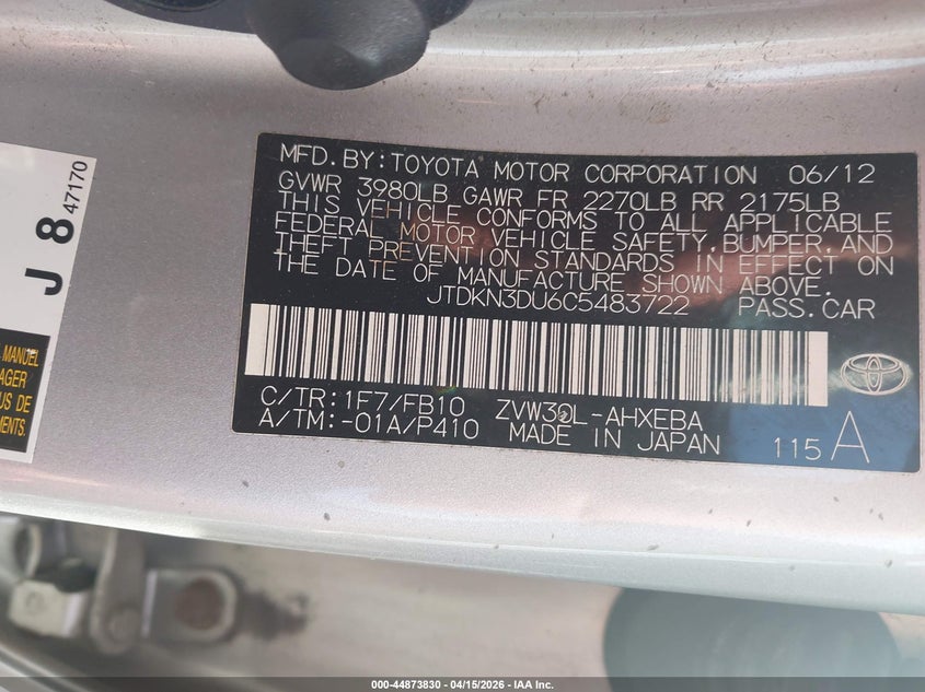 2012 Toyota Prius VIN JTDKN3DU6C5483722 IAAI salvage auction — FRONT & REAR, Salvage (New Jersey), sold $2,600 on 2026-07-08 (photo 9)