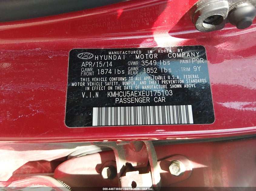 2014 Hyundai Accent VIN KMHCU5AEXEU175103 IAAI salvage auction — FRONT END, Salvage (New Hampshire), sold $375 on 2026-07-22 (photo 9)