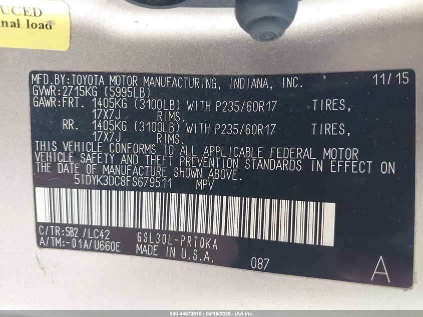 2015 Toyota Sienna VIN 5TDYK3DC8FS679511 IAAI salvage auction — LEFT FRONT, Wait Title, sold $3,950 on 2026-07-15 (photo 9)