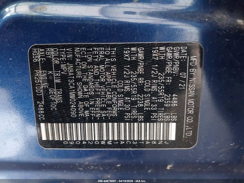 2021 Nissan Rogue VIN JN8AT3CA1MW024090 IAAI salvage auction — FRONT & REAR, Wait Title, sold $2,800 on 2026-07-14 (photo 9)