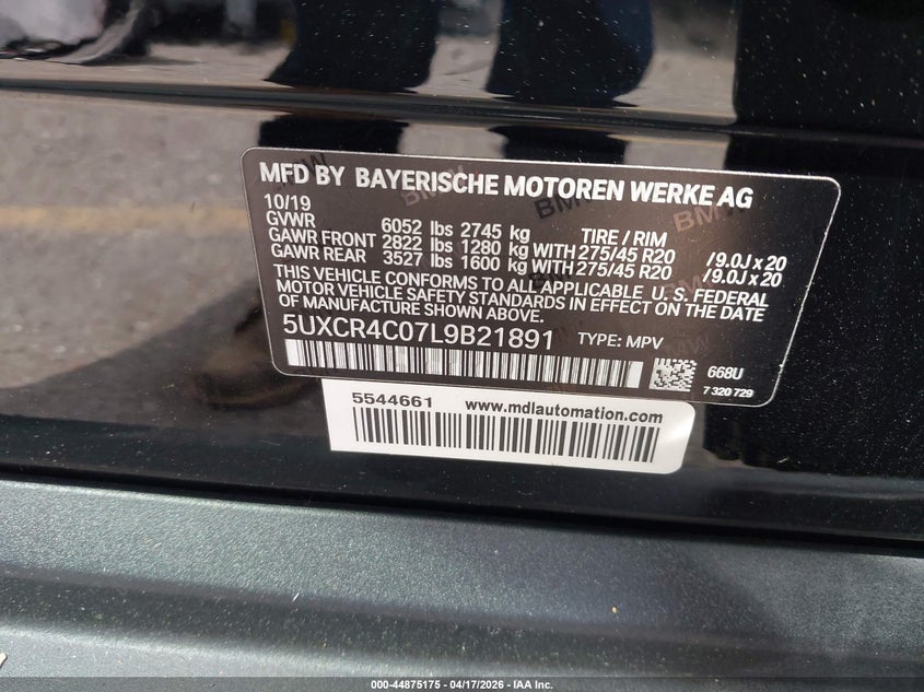 2020 BMW X5 VIN 5UXCR4C07L9B21891 IAAI salvage auction — FRONT END, Original (Texas), sold $22,150 on 2026-07-08 (photo 9)