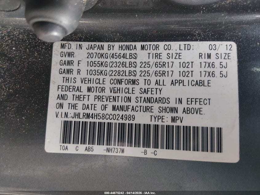2012 Honda Cr-v VIN JHLRM4H58CC024989 IAAI salvage auction — REAR END, Salvage (Colorado), sold $1,950 on 2026-07-07 (photo 9)