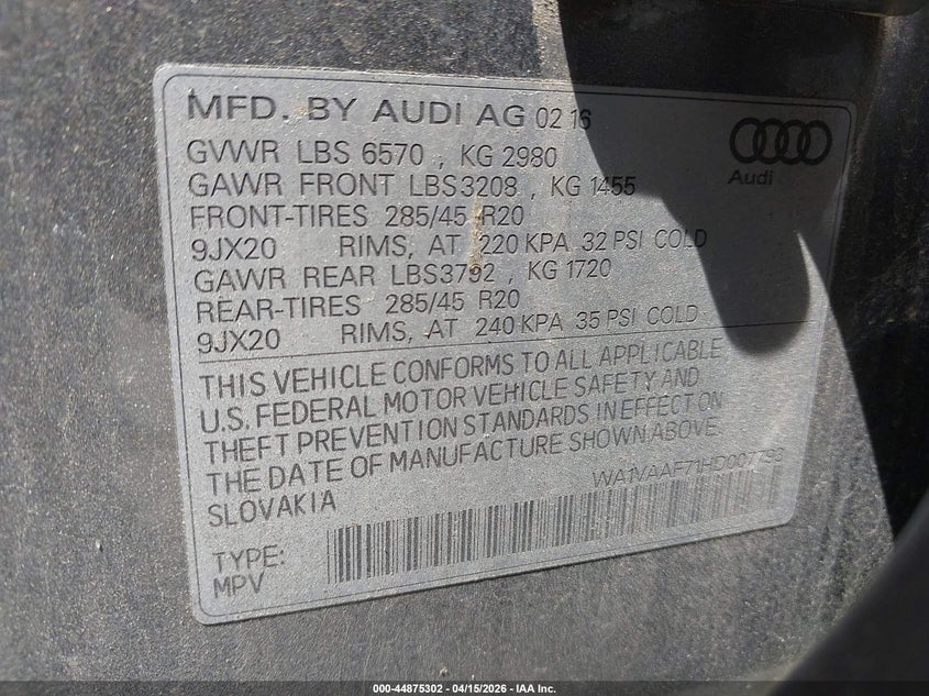 2017 Audi Q7 VIN WA1VAAF71HD007793 IAAI salvage auction — REAR END, Wait Title, sold $6,700 on 2026-07-24 (photo 9)