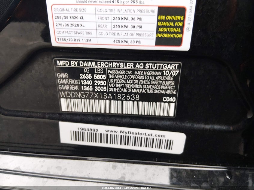 2008 Mercedes-benz S-klasse amg VIN WDDNG77X18A182638 IAAI salvage auction — FRONT END, Salvage (Missouri), sold $6,600 on 2026-07-29 (photo 9)