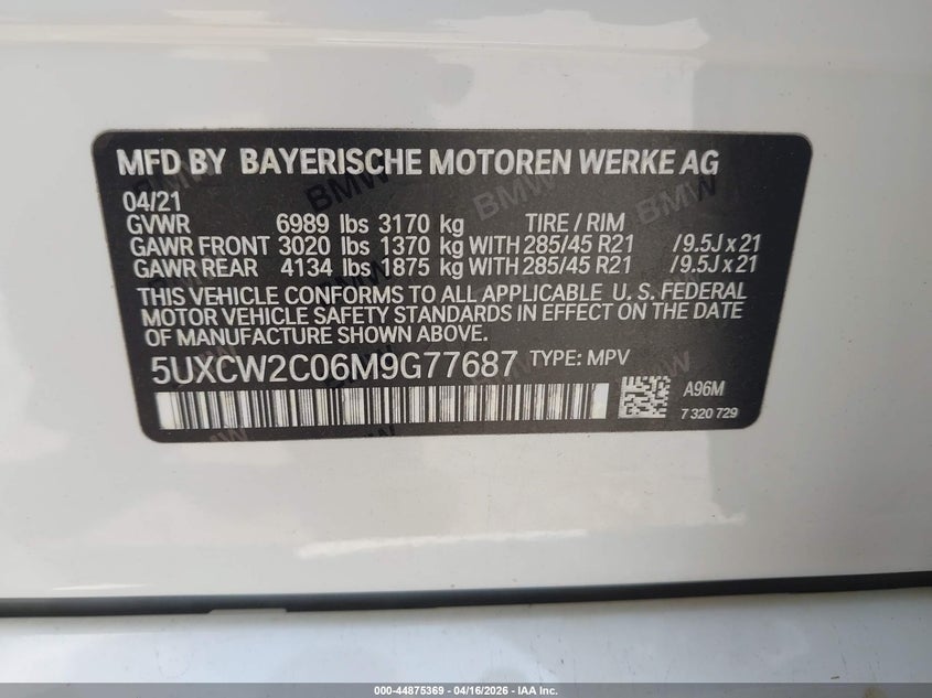 2021 BMW X7 VIN 5UXCW2C06M9G77687 IAAI salvage auction — FRONT END, Original (Texas), sold $13,950 on 2026-07-15 (photo 9)