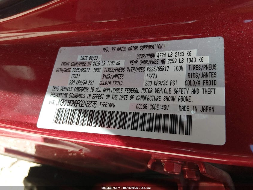 2023 Mazda Cx-5 VIN JM3KFBCM8P0216875 IAAI salvage auction — SIDE, Wait Title, sold $10,200 on 2026-07-08 (photo 9)