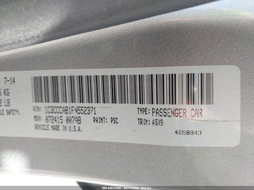2015 Chrysler 200 VIN 1C3CCCAB1FN552371 IAAI salvage auction — REAR END, Salvage Title, sold $875 on 2026-07-12 (photo 9)