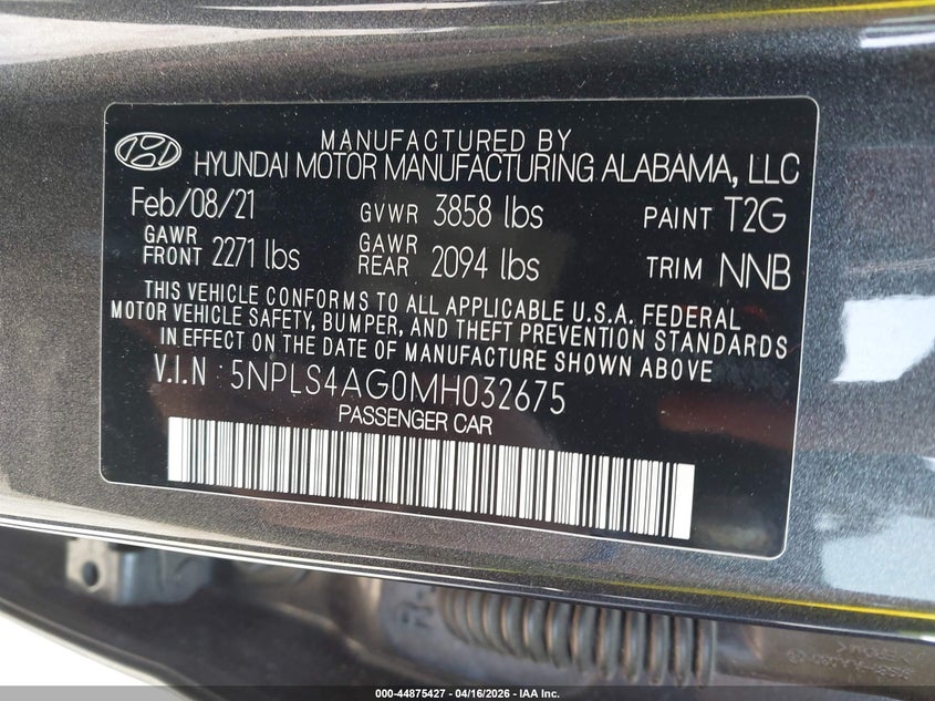 2021 Hyundai Elantra VIN 5NPLS4AG0MH032675 IAAI salvage auction — FRONT END, Original (Texas), sold $5,350 on 2026-07-14 (photo 9)