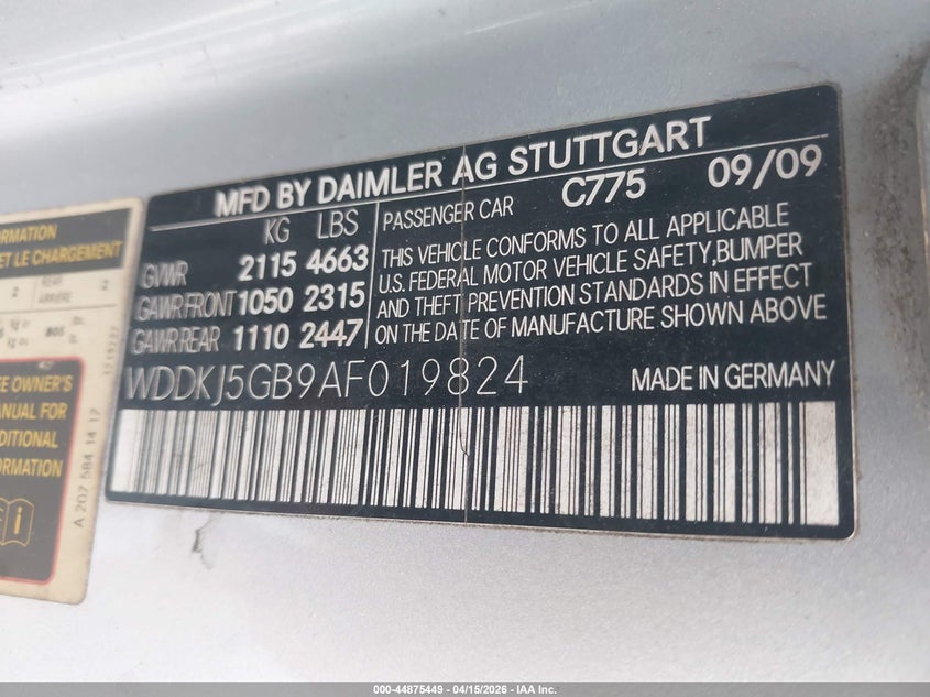 2010 Mercedes-benz E-klasse VIN WDDKJ5GB9AF019824 IAAI salvage auction — NORMAL WEAR, Salvage (Texas), sold $600 on 2026-07-13 (photo 9)