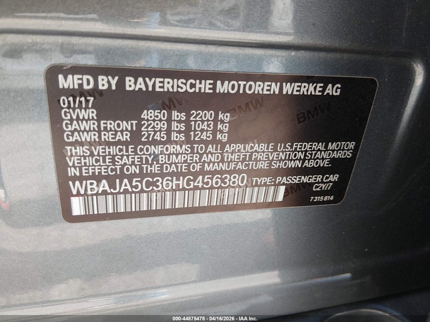 2017 BMW 5er VIN WBAJA5C36HG456380 IAAI salvage auction — REAR END, Original (Texas), sold $8,200 on 2026-07-08 (photo 9)