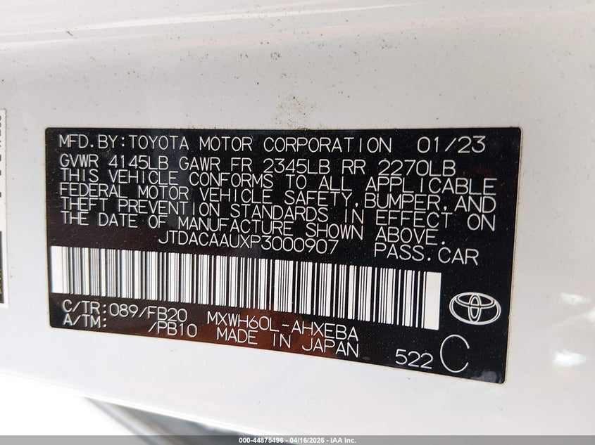 2023 Toyota Prius VIN JTDACAAUXP3000907 IAAI salvage auction — REAR END, Wait Title, sold $8,700 on 2026-07-08 (photo 9)
