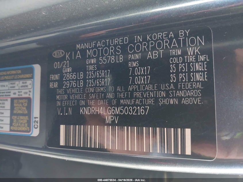 2021 Kia Sorento VIN KNDRH4LG6M5032167 IAAI salvage auction — FRONT END, Salvage Title, sold $2,100 on 2026-07-07 (photo 9)