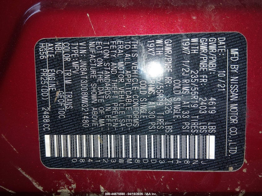 2021 Nissan Rogue VIN JN8AT3DD8MW321480 IAAI salvage auction — REAR END, Salvage (Michigan), sold $8,800 on 2026-07-16 (photo 9)