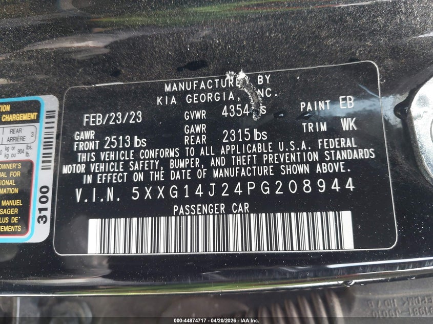 2023 Kia K5 VIN 5XXG14J24PG208944 IAAI salvage auction — UNKNOWN, Salvage Title, sold $25 on 2026-07-29 (photo 9)