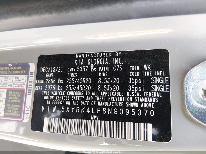 2022 Kia Sorento VIN 5XYRK4LF8NG095370 IAAI salvage auction — RIGHT SIDE, Original (Texas), sold $9,700 on 2026-07-08 (photo 9)