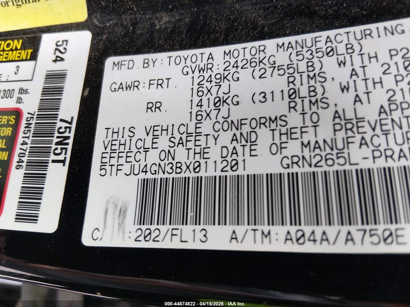 2011 Toyota Tacoma VIN 5TFJU4GN3BX011201 IAAI salvage auction — FRONT END, Salvage (Arkansas), sold $5,000 on 2026-07-08 (photo 9)