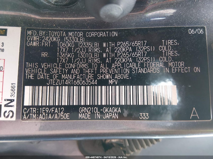 2006 Toyota 4runner VIN JTEZU14R168063544 IAAI salvage auction — FRONT END, Salvage (Oklahoma), sold $2,150 on 2026-07-29 (photo 9)
