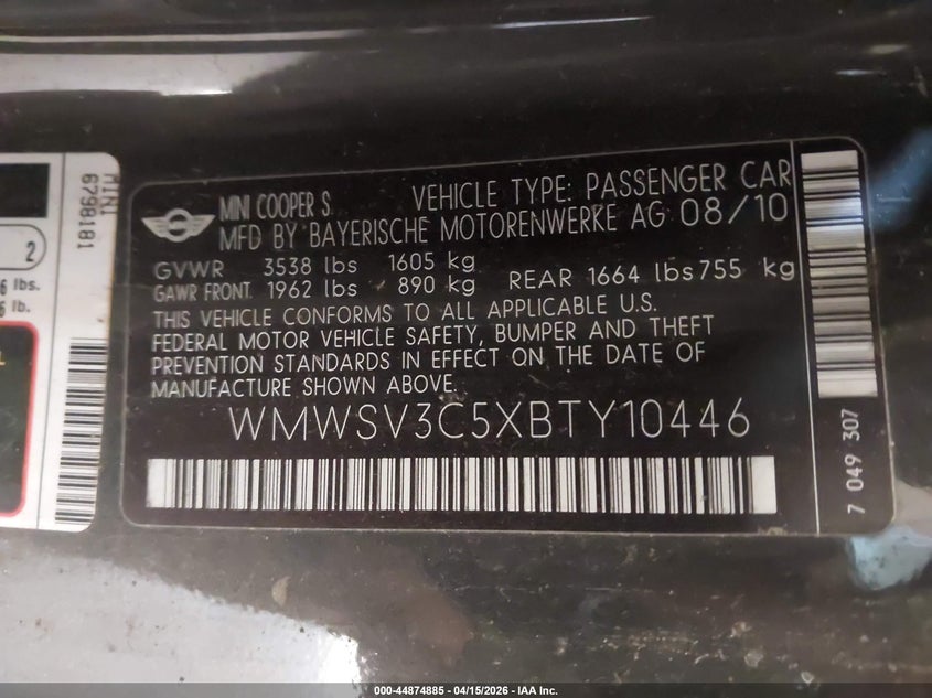 2011 Mini Cooper VIN WMWSV3C5XBTY10446 IAAI salvage auction — FRAME DAMAGE, Clear (Montana), sold $275 on 2026-07-08 (photo 9)