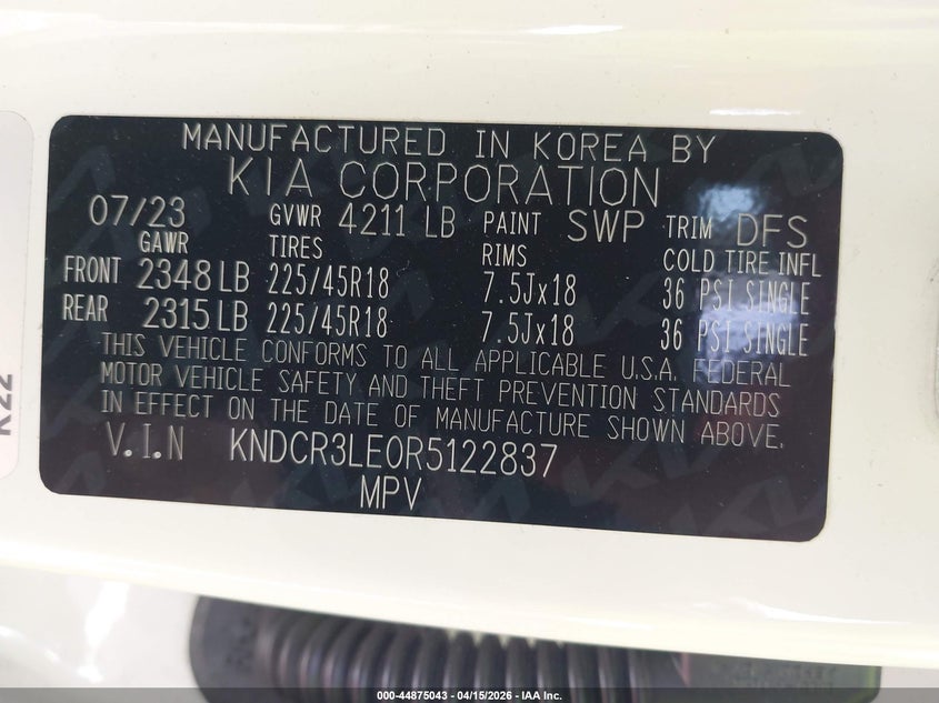2024 Kia Niro VIN KNDCR3LE0R5122837 IAAI salvage auction — RIGHT SIDE, Wait Title, sold $8,575 on 2026-07-08 (photo 9)