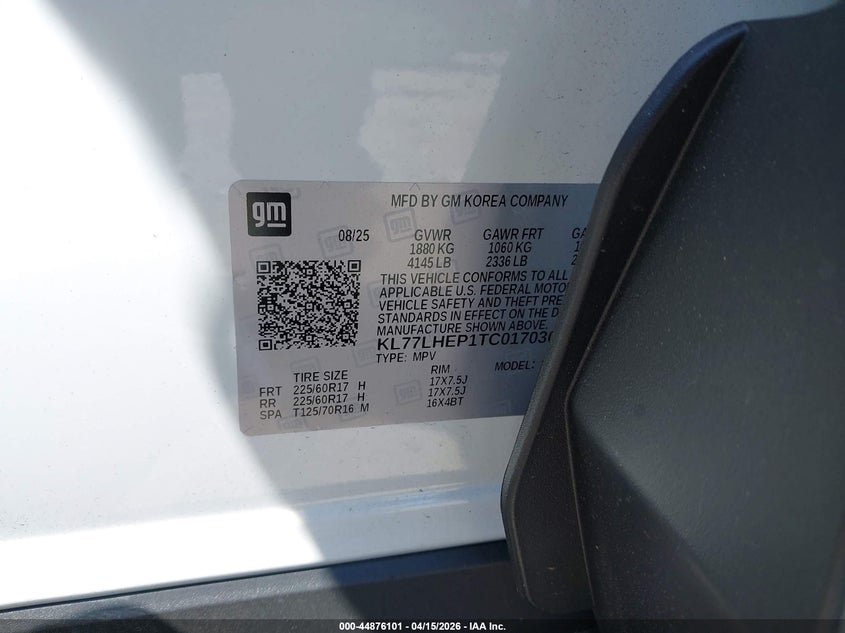 2026 Chevrolet Trax VIN KL77LHEP1TC017030 IAAI salvage auction — FRONT END, Wait Title, sold $3,500 on 2026-07-15 (photo 9)
