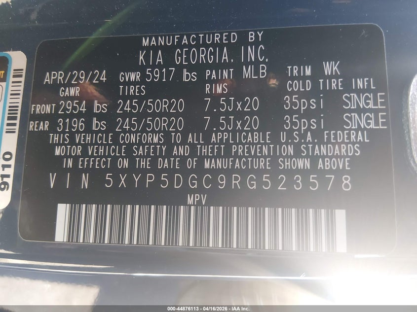 2024 Kia Telluride VIN 5XYP5DGC9RG523578 IAAI salvage auction — LEFT SIDE, Salvage Title, sold $13,150 on 2026-07-15 (photo 9)