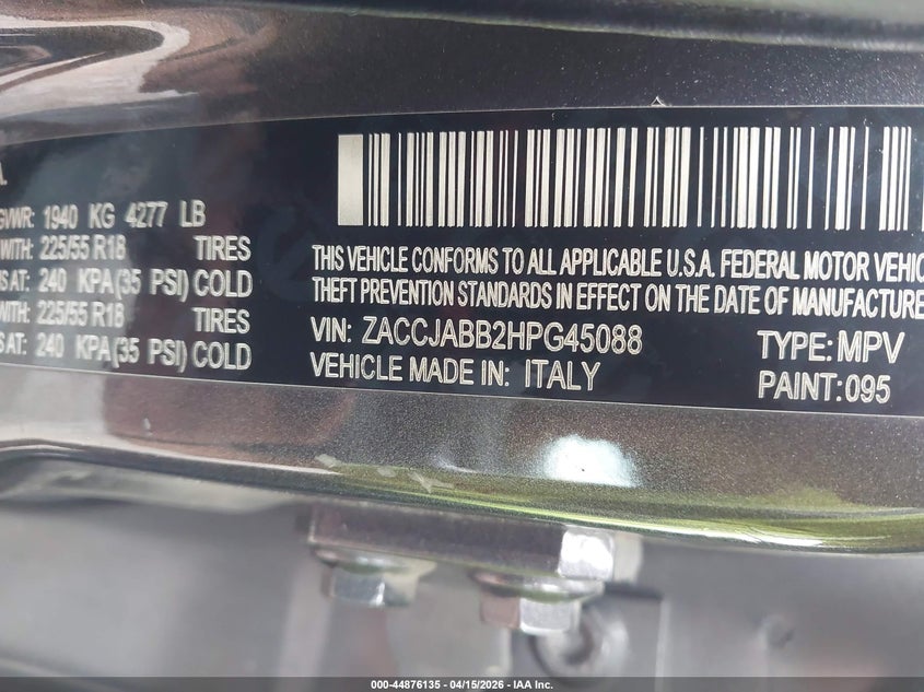 2017 Jeep Renegade VIN ZACCJABB2HPG45088 IAAI salvage auction — FRONT END, Salvage (Texas), sold $1,350 on 2026-07-15 (photo 9)