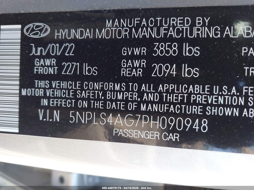 2023 Hyundai Elantra VIN 5NPLS4AG7PH090948 IAAI salvage auction — FRONT END, Salvage Title, sold $4,800 on 2026-07-29 (photo 9)