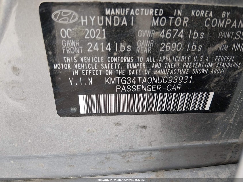 2022 Genesis G70 VIN KMTG34TA0NU093931 IAAI salvage auction — SIDE, Salvage (Arkansas), sold $5,850 on 2026-09-16 (photo 9)