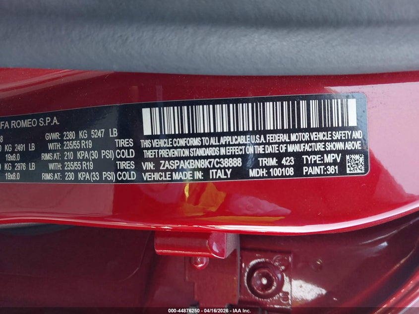 2019 Alfa romeo Stelvio VIN ZASPAKBN8K7C38888 IAAI salvage auction — REAR END, Salvage Title, sold $6,150 on 2026-07-22 (photo 9)