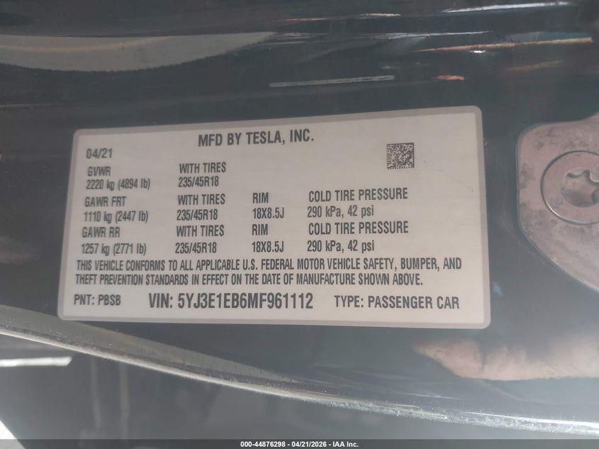 2021 Tesla Model 3 VIN 5YJ3E1EB6MF961112 IAAI salvage auction — RIGHT FRONT, Salvage (Utah), sold $5,500 on 2026-07-23 (photo 9)