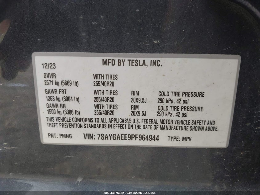 2023 Tesla Model y VIN 7SAYGAEE9PF964944 IAAI salvage auction — SIDE, Wait Title, sold $11,800 on 2026-07-09 (photo 9)