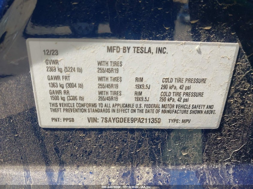 2023 Tesla Model y VIN 7SAYGDEE9PA211350 IAAI salvage auction — FRONT & REAR, Salvage (California), sold $10,250 on 2026-07-20 (photo 9)